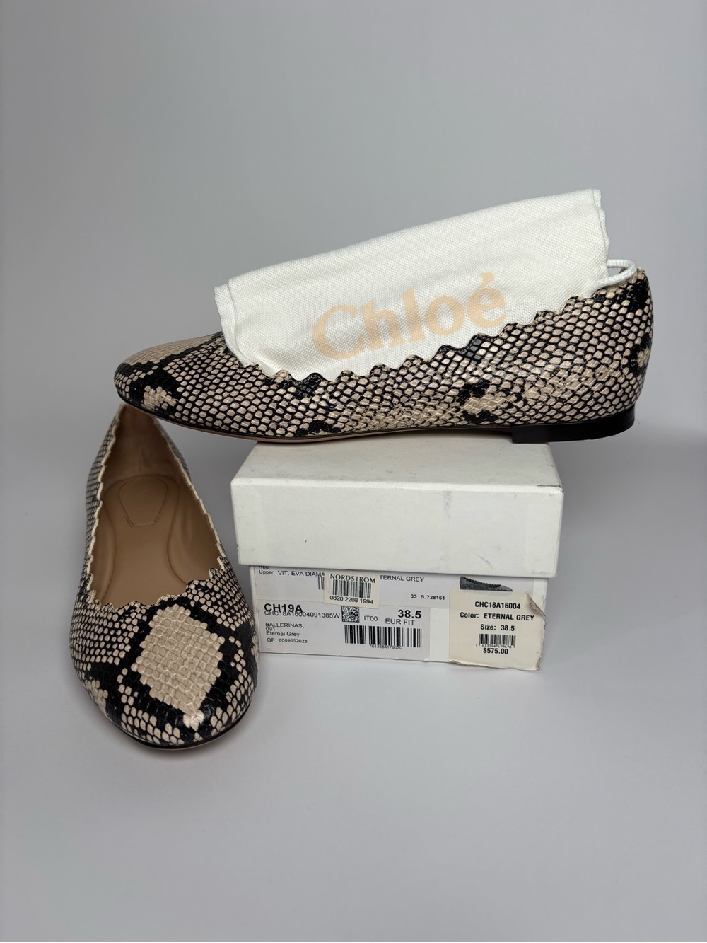 Chloé Scalloped Ballet Flats Cream Black Snake Print EU 38.5 With Original Box
